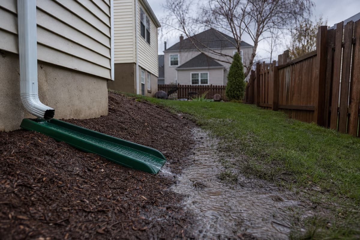 Backyard yard drainage and downspout after rain